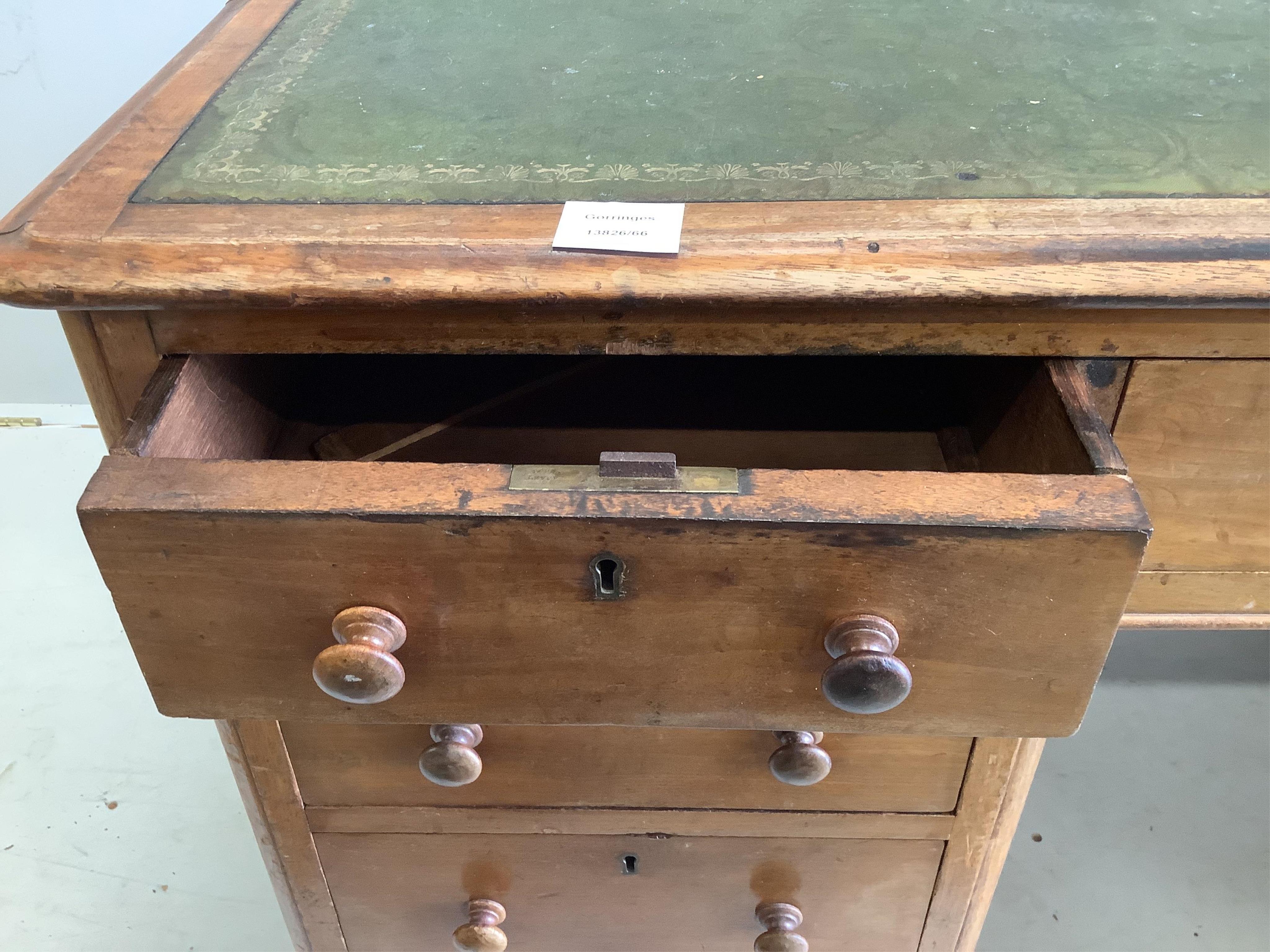 A late Victorian mahogany leather topped pedestal desk, width 138cm, depth 75cm, height 77cm. Condition - poor